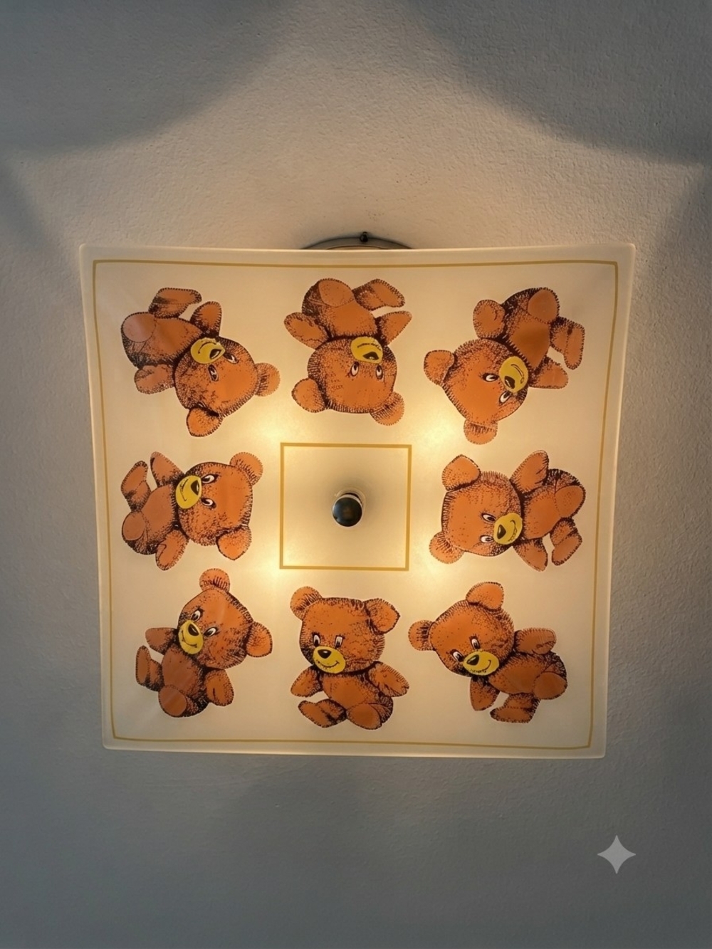 1980s Teddy Bear Glass Ceiling Light Shade 14x14" Nursery Lightshade